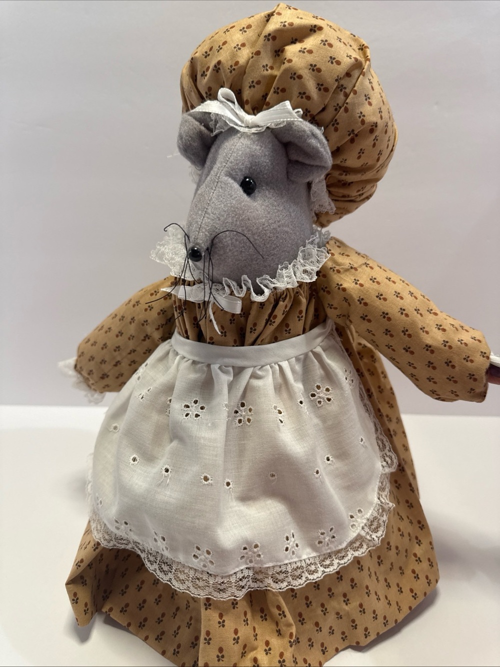 14” Large Primitive Handmade Vintage Gray Mouse Doll in Floral Dress